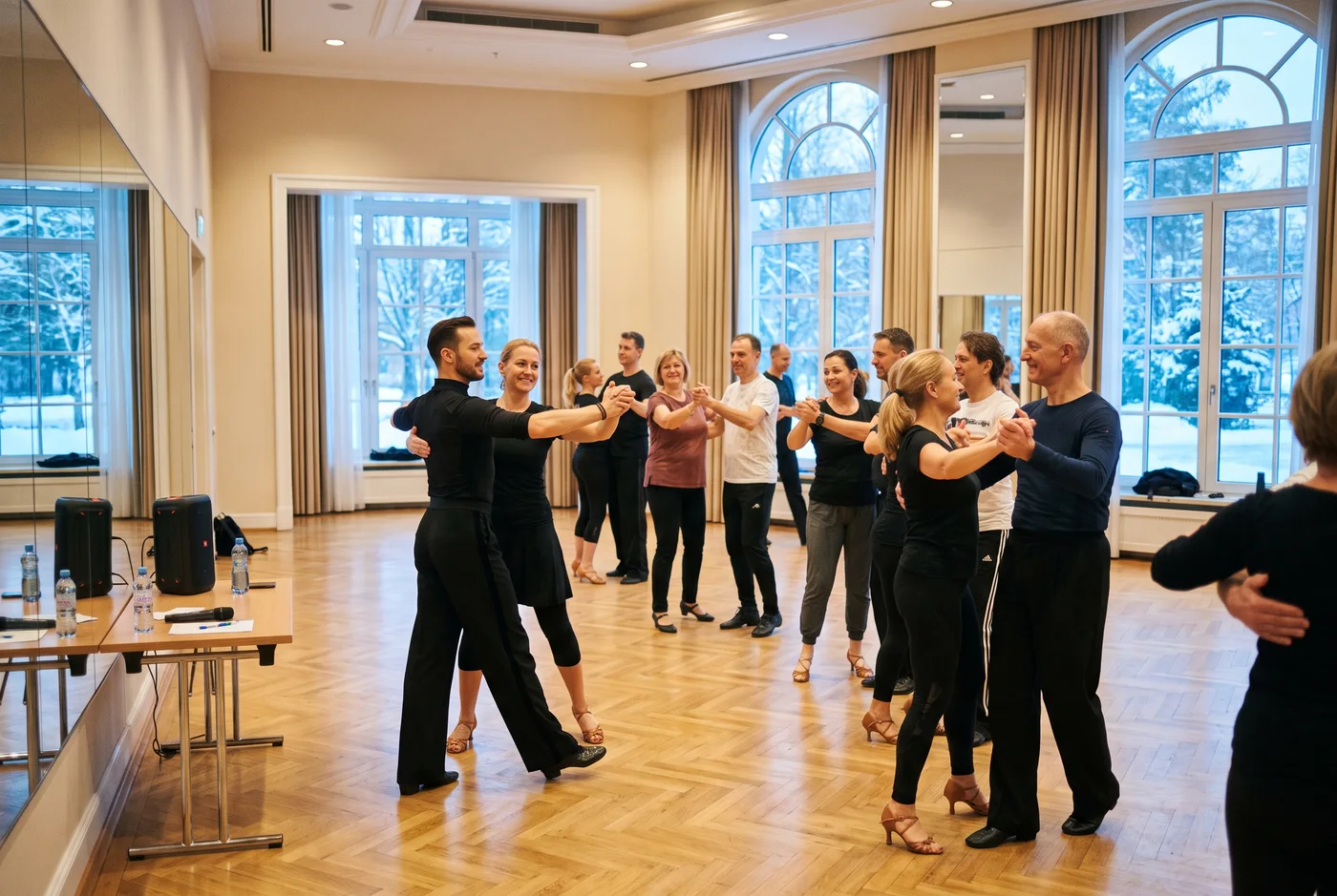Dancers practising in a bright hotel ballroom during the camp